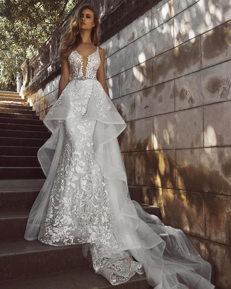 La8240 vintage lace wedding dress with detachable train and sheath silhouette6